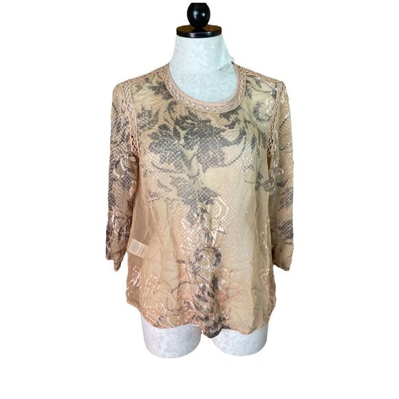 Meadow Rue Blouse Sheer Top Button Back Lace Trim Long Sleeve Floral Beige Sz S - Picture 1 of 10